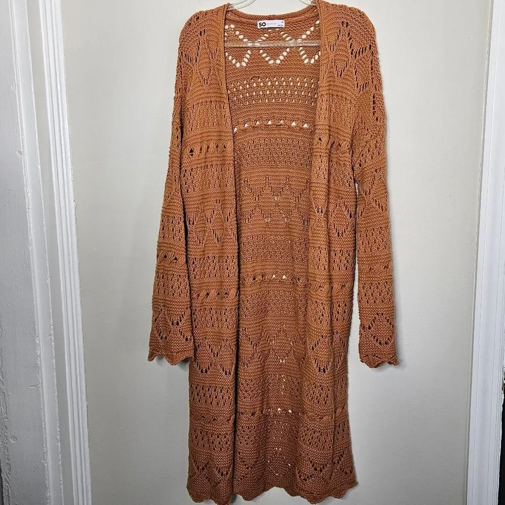 So Mustard Yellow Boho Crochet Stitch Kimono Open Cardigan Wide Sleeve M… - Picture 3 of 10